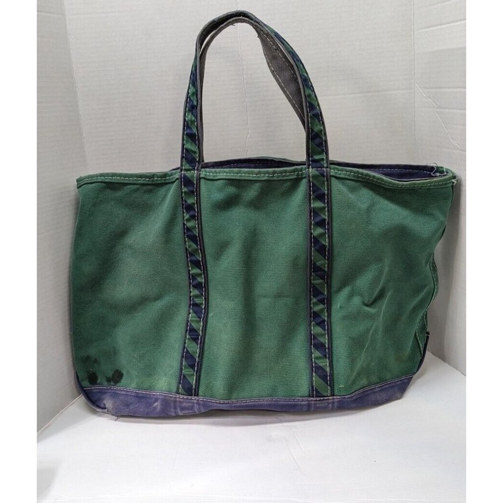 Vintage LL BEAN Green Navy Blue Boat And Tote Canvas Tote Bag Made In USA Large